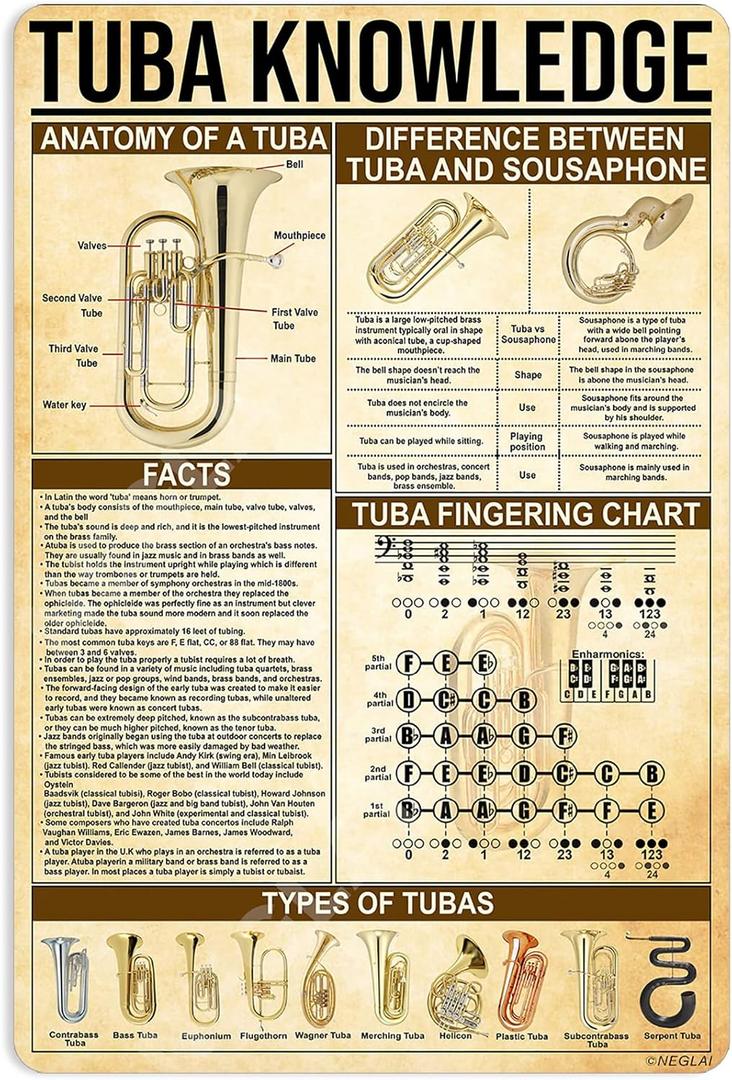 Tuba Knowledge Metal Signs Poster, Wall Decor Artwork Gifts for Musician 16x12 Inches