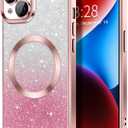 Hython for iPhone 14 Case Clear Magnetic Glitter Phone Cases [Compatible with MagSafe] Full Camera Lens Protector Gradient Sparkle Luxury Plating Shockproof Protective Cover Women, Straight/Pink