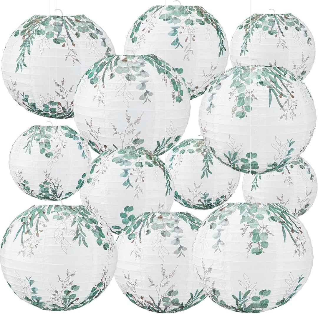 Retisee 12 Pcs Greenery Classroom Decor Green Paper Lanterns Eucalyptus Themed Classroom Decor for Elementary Eucalyptus Leaf Hanging Paper Lanterns Birthday Baby Shower Party Supplies