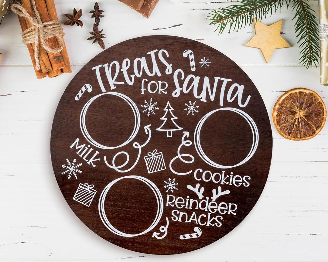 Santa Cookie Plate Treat Santa Christmas Wooden Round Tray Xmas Eve Cookies Milk Reindeer Snacks Cute Platter Mat Wood Plates Board for Christmas Decorations Supplies (Brown)