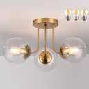 KoKo&Yukina 3-Light Semi Flush Mount Ceiling Light Globe Lights Mid Century Ceiling Light with Clear Glass Globe & Brushed Brass for Bedroom Hallway Entryway Kitchen Living Room (Bulb Incl.) (6 inch)