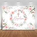 Mocsicka Baptism Baby Shower Backdrop for Girls Pink Floral Wreath Rose Gold Cross First Communion Baptism Decorations Greenery Leaves God Bless Ceremony Photography Background (7×5ft)
