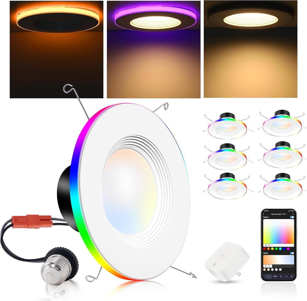 CLOUDY BAY [6 Pack] 6 Inch Smart LED Can Lights with RGB Back Light,15W 2700K-6500K Color Changing Retrofit Recessed Lighting,Bluetooth Downlight,Hub Included,Work with Alexa/Google Assistant
