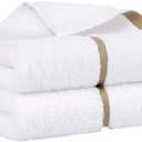 PiccoCasa Set of 2, 750 GSM Luxury White Hand Towels - Oversized 16x30 Inch Cotton Ring Spun Face Towels Highly Absorbent Home Hotel Spa Quality Towel, Champagne Strip