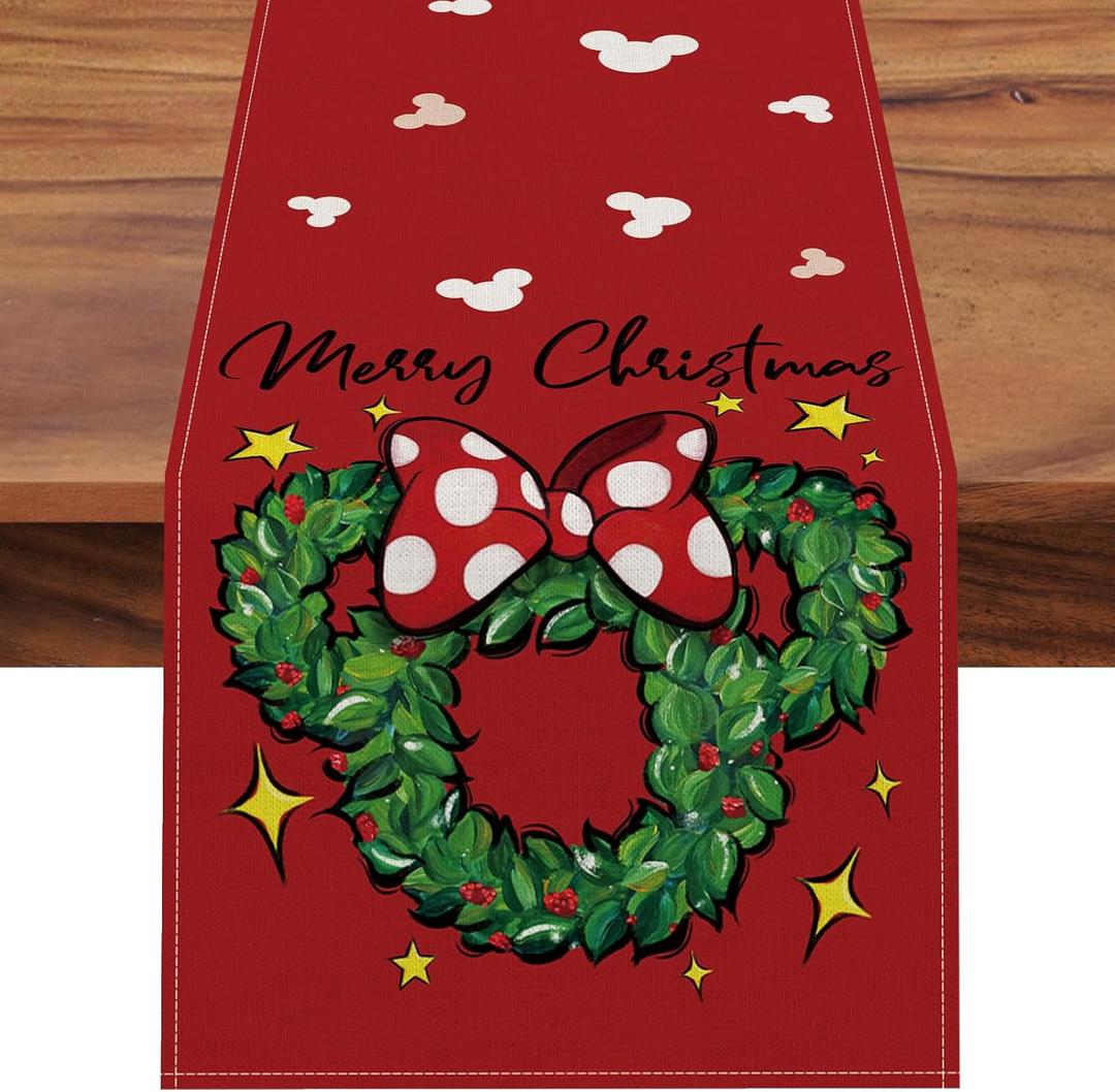 Seliem Merry Christmas Wreath Table Runner, Xmas Red Polka Dot Bow Stars Kitchen Dining Table Decor, Winter Holiday Farmhouse Home Decoration Indoor Outdoor Party Supply 13 x 120 Inches