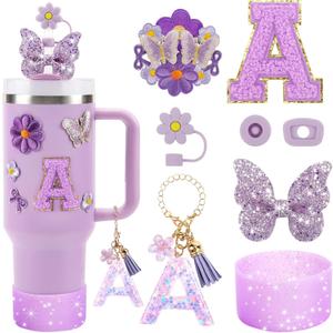 2 x 17PCS Cup Accessories Set for Stanley Cup 30oz 40oz Tumbler with Handle, Including Silicone Straw Cover and Boot, Spill Proof Stopper, Stanley Charms, Embroidery Stickers, Handle Charm (Letter A)