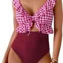 Eomenie One Piece Swimsuit for Women Tummy Control Ruffle Bathing Suit V Neck Ruched Swim Suit Slimming Cutout Swimwear (Medium, Pink Plaid)