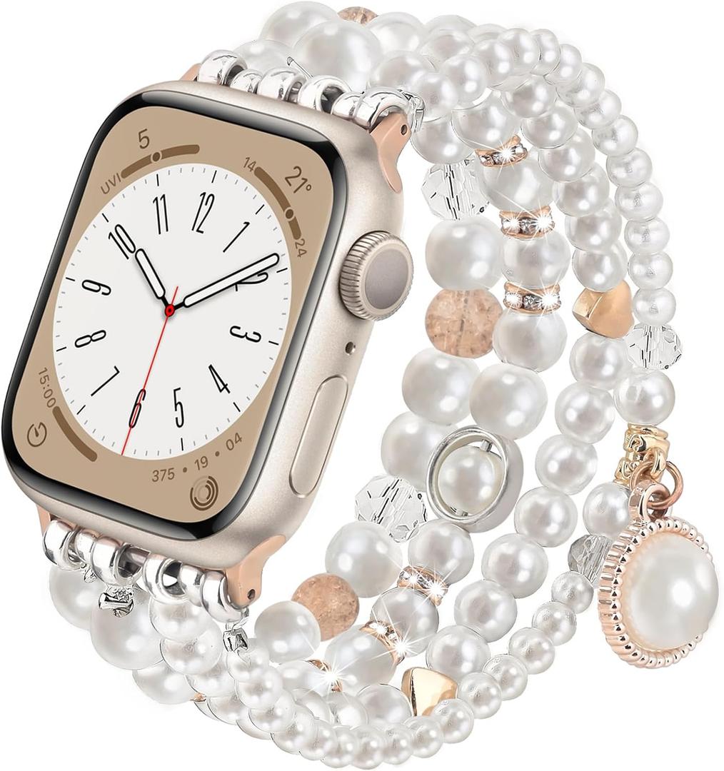 CAGOS Pearl Bracelet Compatible with Apple Wath Bands 38mm 40mm 41mm 42mm 44mm 45mm Women, Natural Pearl Beaded Charms Pretty Straps Dressy Designer Jewelry Stretchy iWatch Bands for Series 9/8/7/6/5/4/3/2/1/SE