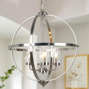 20'' Globe Chandelier Brushed Nickel Chandeliers, 4-Light Modern Orb Chandelier, Luxurious Hanging Light Fixture with Glass Shade, Pendant Light for Dining Room Entryway Living Room