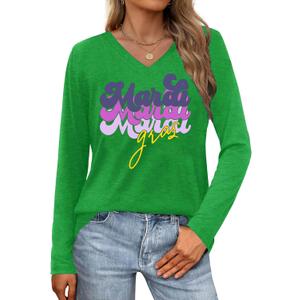 Mardi Gras Shirts for Women Mardi Gras Long Sleeve Shirt Fat Tuesday T Shirts Mask Graphic Tees New Orleans Party V Neck Top, L