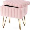 Sweetcrispy Vanity Stool Chair with Storage, 18.9H x 16L x 12.2W Ottoman Chair Faux Fur Soft Padded Makeup Footstools Seat with 4 Metal Legs Anti-Slip Adjustable Feet for Make Up, Pink