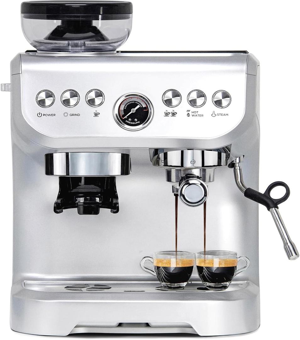 MIROX Espresso Machine 15 Bar, Coffee Maker With Milk Frother Steam Wand, Built-In Bean Grinder, Combo Cappuccino Machine with 70oz Removable Water Tank (ABS high-strength plastic shell), Silver 