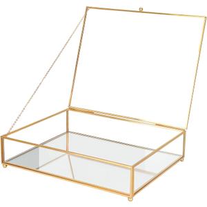 REDHUGO Large Glass Boxes for Display Handmade, Mirrored Bottom, Glass Jewelry Trinket Box with Lid, for Book, Photo, Keepsake Organizer, Display Case for Vanity Decor Home Dresser, Gold (Low: 10.4"L  8.5"W  2.6"H)