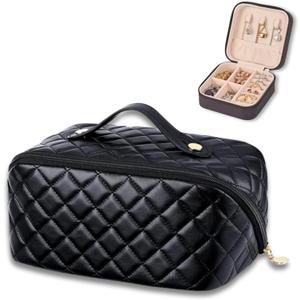 Travel Cosmetic Bag,Large Capacity Makeup Bags for Women,Waterproof Portable Pouch and Toiletry Bag with Jewelry Organizer for Rings,Earrings,Necklaces,Stylish for Women. (Black)