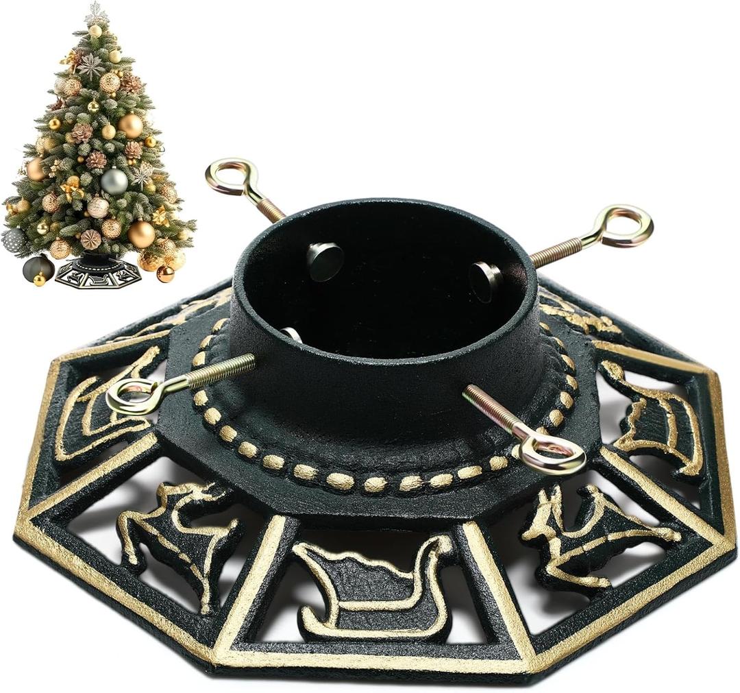 Huwena Christmas Tree Stand with Water Reservoir 8ft Real Tree Green Christmas Holder Cast Iron Artificial Trunks Stand Fits up to 5" Pine Holder Base for Xmas Vintage Rustic Decor