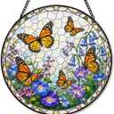 Butterfly Flower Suncatcher Stained Glass Window Hanging, Cottagecore Butterfly Wildflower Sun Catchers Indoor Window Glass Round Wall Decor, Floral Wall Art Hanging Decorations, 7.8x7.8in