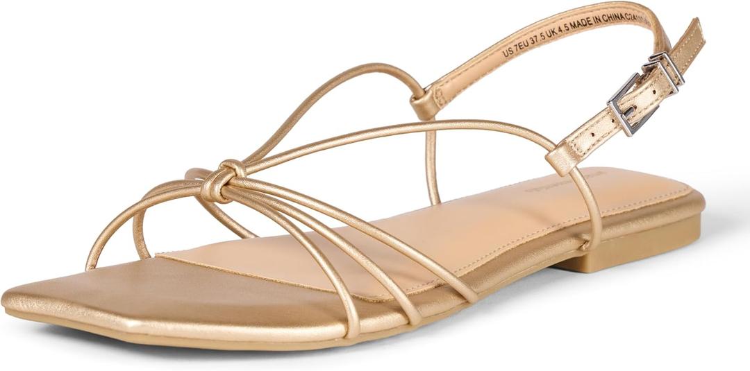 Amazon Essentials womens Strappy Flat Sandals (7.5, Gold Faux Leather)