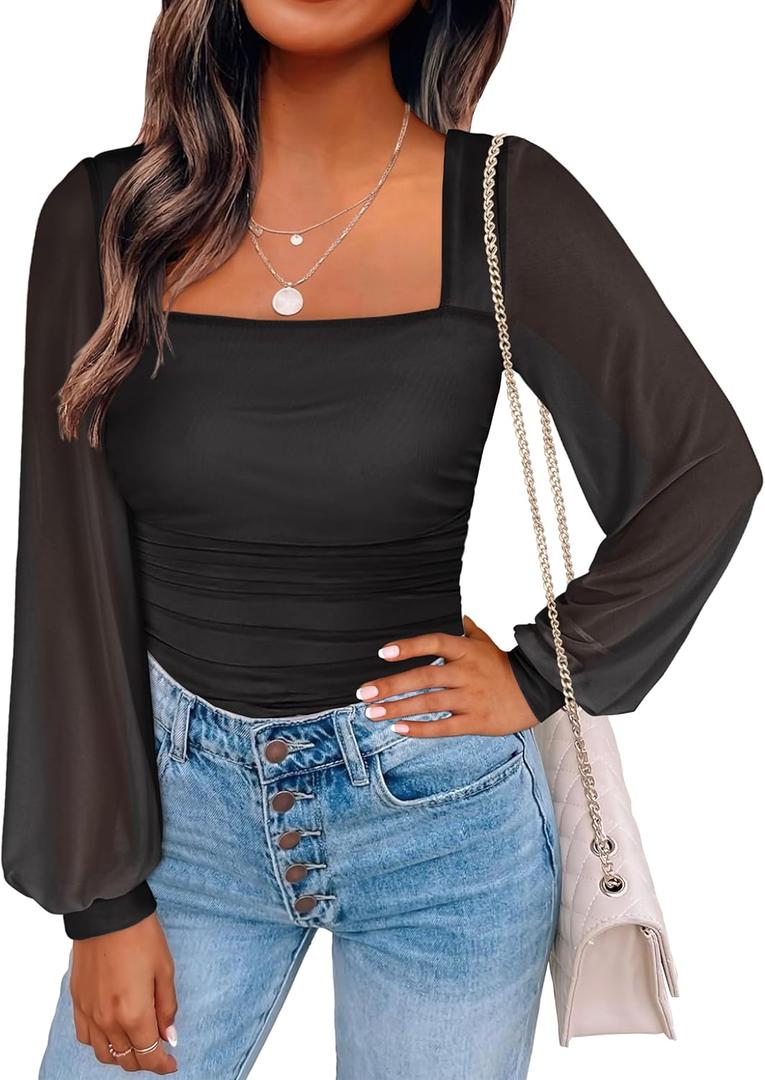 ANRABESS Womens Square Neck Mesh Long Sleeve Tops Double Lined Dressy Business Casual Blouses Shirts 2025 Fall Outfits (Small, Black)