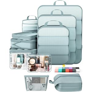 Veken 11 Set Compression Packing Cubes for Travel Essentials,Compressible Expandable Large Luggage Suitcase Organizer Bags for Clothing,Durable Space Saver Storage Bags with Toiletry Bags(Blue Gray)