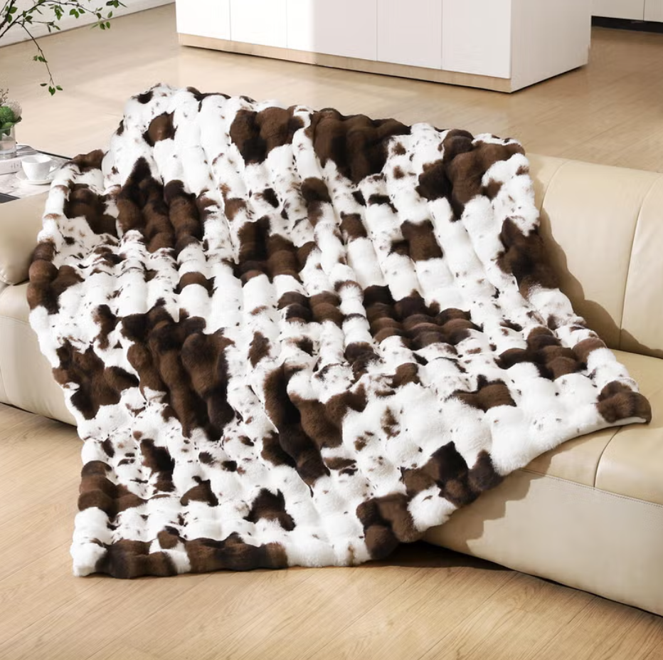 PLUUSHUU Faux Fur Throw Blanket for Couch, Fluffy Fuzzy Plush Bubble Blanket, Soft Warm Cozy Shaggy Rabbit Blanket, Luxury Decorative Gifts for Sofa Bedroom Living Room, 60x50inch (Cow Print - Brown)
