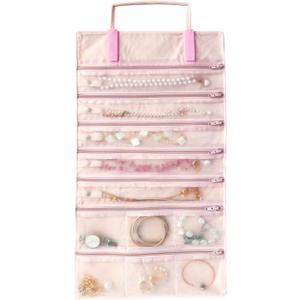 UnionPlus Velvet Travel Jewelry Case Roll Bag Organizer for Necklace Bracelet Earrings Ring, 11 Zipped Grids with Necklace Button, PVC Cover, Pink