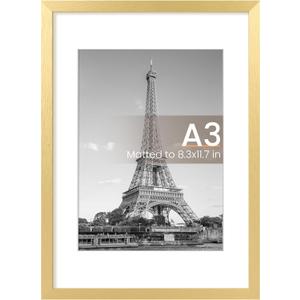 Upsimples A3 Picture Frame, Display Pictures 8.3x11.7 with Mat or 11.7 x 16.5 Without, Wall Hanging Poster Frames, Gold, 1 Pack