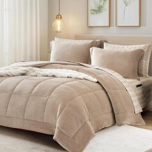 Plush Queen Comforter Set Bed in a Bag, Light Taupe Flannel Velvet Comforter Sets 7 Pieces, Soft Warm Bedding Set with Comforter, Fitted&Flat Sheets, Pillowcases&Shams