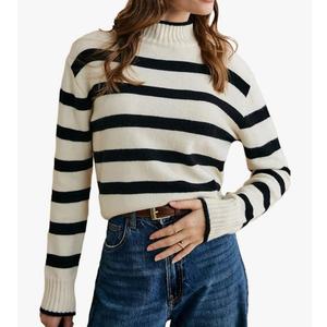 MakeMeChic Women's Striped Sweaters Mock Neck Long Sleeve Knitted Pullover Fall Winter Sweater, Medium
