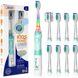 SEAGO Kids Electric Toothbrush with 2 Mins Brushing Timer and 8 Replacement Bursh Heads,Rainbow LED Light Make Brushing Fun, Blue Color Boys Battery Powerd Toothbrush for 4-12 Years Old (Green)