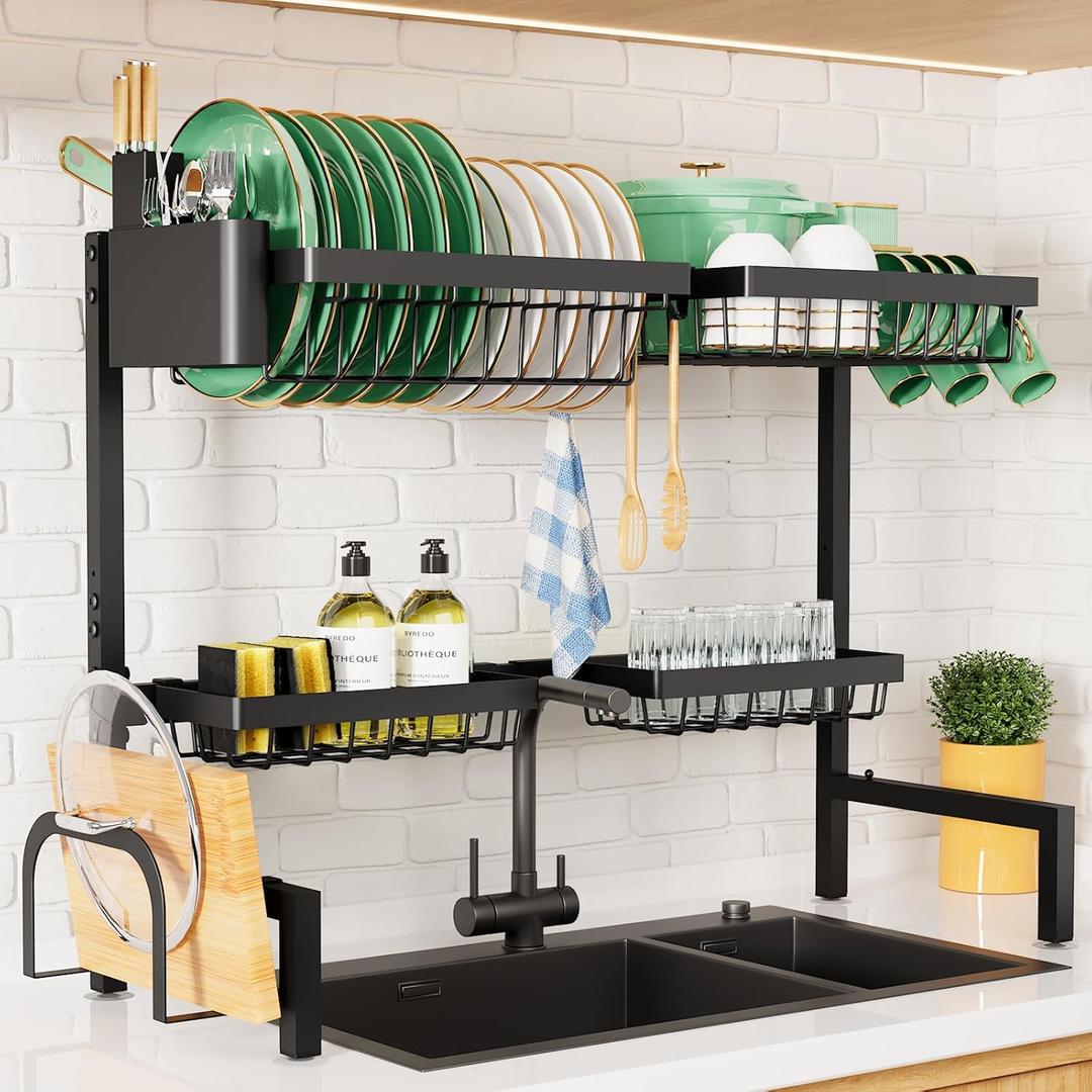 Kitsure Over The Sink Dish Drying Rack - 30.0" to 33.9" x 21.5", Adjustable Sink Drying Rack for Kitchen Sink with Multifunctional Baskets, Black (Large)
