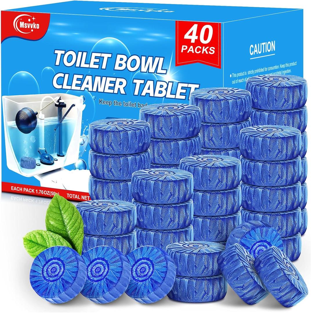 Msvvko Toilet Bowl Cleaner Tablets 40 Pcs, Septic Safe Automatic Toilet Tank Cleaner with Sustained-Release Technology, Powerful Long-Lasting Blue Tabs for Bathroom Stain Remover & Deodorizer (1 Count (Pack of 40))