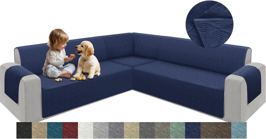 ALIECOM Corner Sectional Couch Covers L Shape Sofa Covers Washable Reversible Couch Cover for Sectional Slipcover U Shape Pet Dogs Furniture Protector with Elastic Straps (Navy, XX-Large)