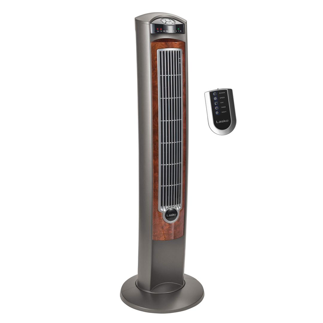 Lasko Oscillating Tower Fan with Remote, Quiet Floor Fans for Bedroom, 42", Woodgrain and Grey, T42954, 42.5"