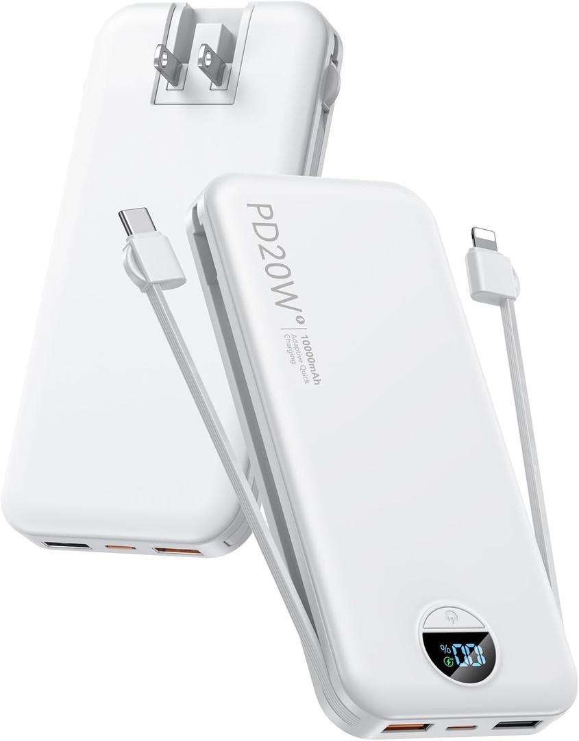 Portable Phone Charger, 10000mAh PD20W Fast Charging Power Bank with Built-in Cables & Wall Plug, External Battery Bank with LED Display, Travel Essential Battery Pack for iPhone, iPad, Samsung White