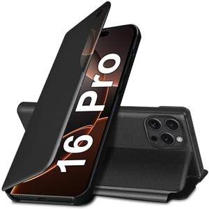 Compatible for iPhone 16 Pro Case, Case for iPhone 16 Pro 5G Flip Case, Clear View Slim Fit Leather Cover for iPhone 16 Pro Phone Case with Kickstand Rugged Heavy Duty Shockproof Bumper Shell (Black)