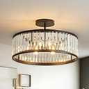 19.7" Modern Crystal Chandeliers Semi Flush Mount Ceiling Light, Black Round Crystal Chandelier Ceiling Lights Fixture for Hallway Bedroom Living Room E12*6