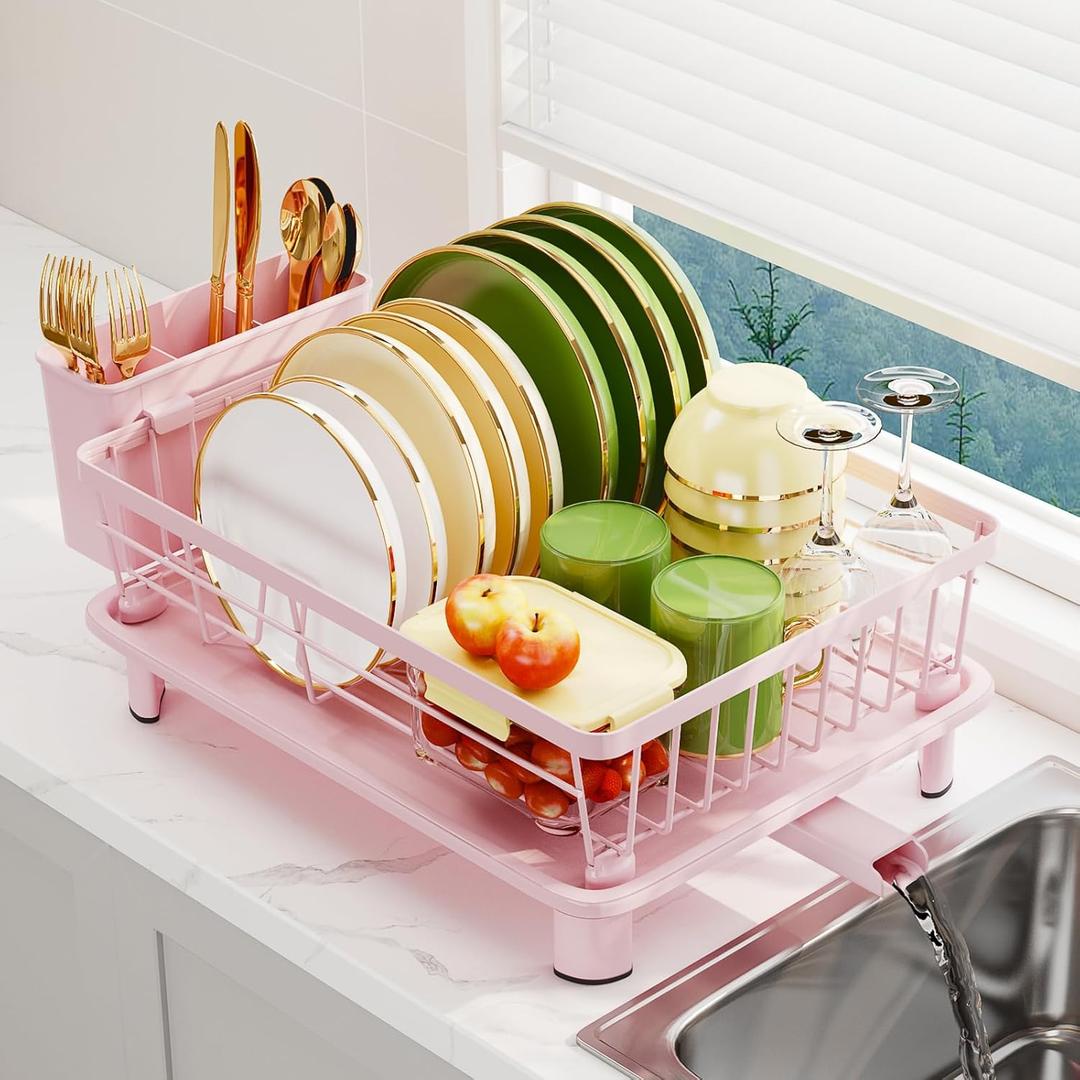 Dish Drainer Rack with Drip Tray, Sink Dish Drainer with Drainage Spout, Stainless Steel Dish Drying Rack with Cups, Utensil & Cutting Board Holders for Kitchen Counter Space-Saving, Pink