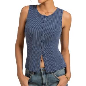 Kate Kasin Women Summer Going Out Tank Tops Y2K, Button Up Sleeveless Top, Ribbed Knit Sweater Vest Trendy (XL)