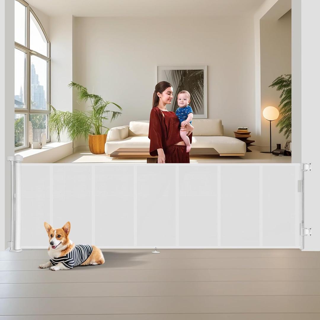 Upgrade 150 inch Retractable Baby Gates Extra Wide with Reinforced Strip Design to Prevent Crawling Through, 150" Retractable Dog Gate, 34" Tall, Retractable Gate for Indoor/Outdoor (34" Tall x 150" Wide, White)