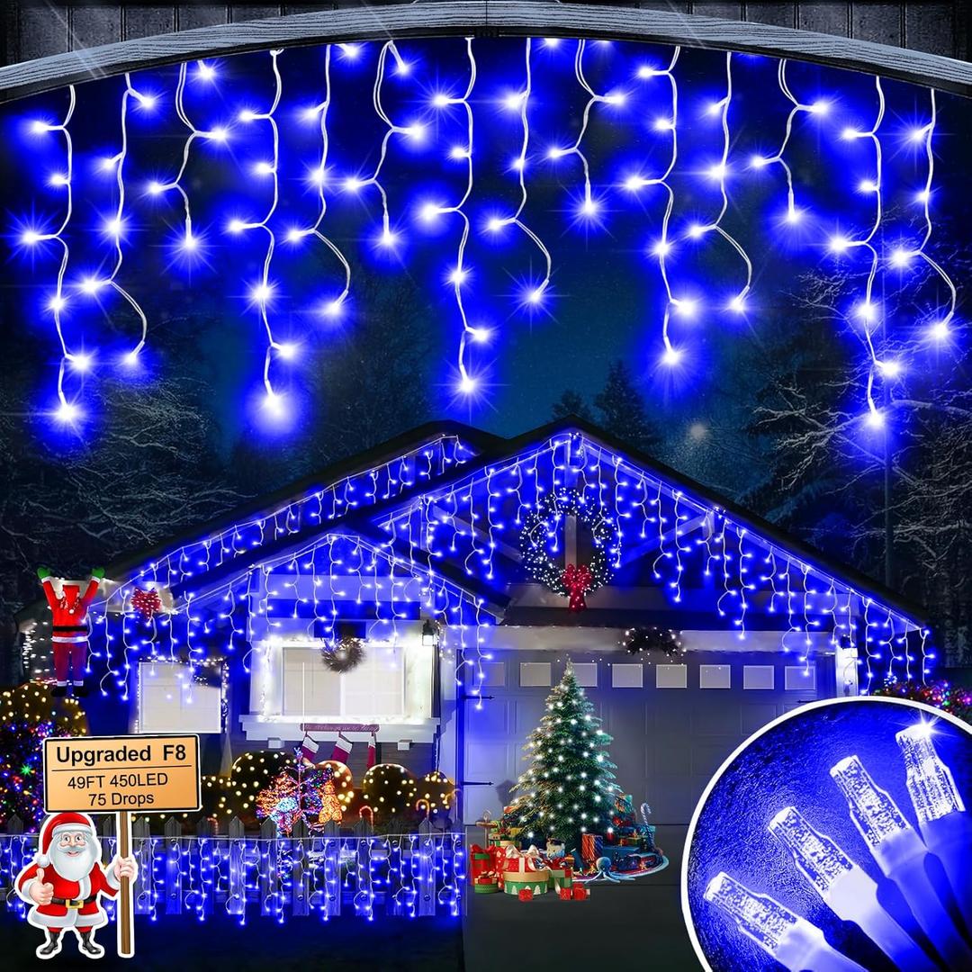 Christmas Lights Outdoor, 49FT 450 LED Ice Lights for Outside, Ice String Lights with 8 Modes, Waterproof Timer Memory Hanging Light for Eaves Party Yard Garden(Blue)