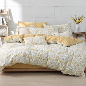 ALEISSEL 100% Natural Cotton Duvet Cover Full Size 3Pcs - Yellow Duvet Cover with Pink & Green Flowers and Leaves on White,Reversible Floral Comforter Cover Sets with Button Closure(80"90",Floral)