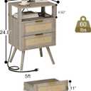 Rattan Nightstand with Charging Station,Modern Bedside Table with 2 Storage Drawer and Open Wood Shelf, for Bedroom and Small Spaces,Night Stand with Solid Wood Legs (Grey Oak)