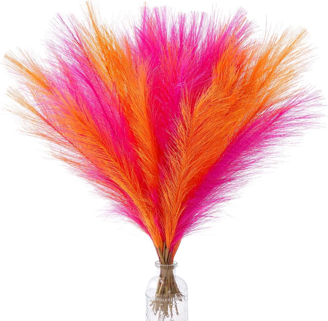 Alecono Pampas Grass 17in , Orange and Hot Pink Artificial Faux Fluffy Pampas Grass Decor for Home Wedding Centerpieces Party