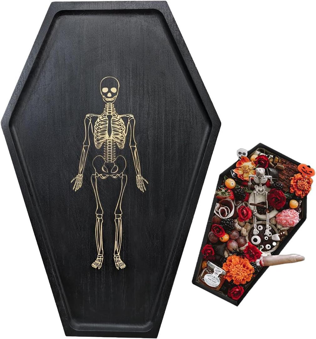 Gothic Home Decor Coffin Tray, Goth Halloween Charcuterie Boards Engraved Gold Skeleton, Solid Black Wood Board, Easy to Clean -15.7" Length