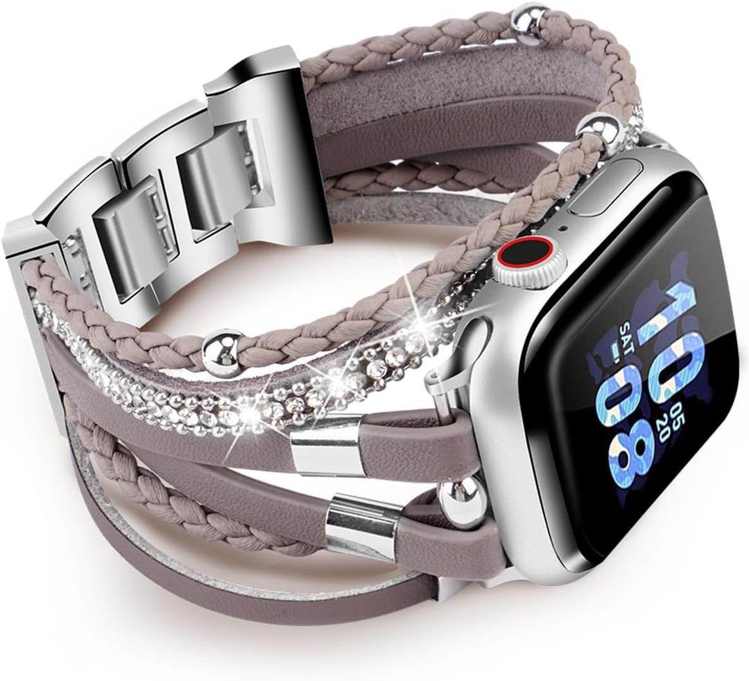 Compatible with Apple Watch Band 40mm Women, Boho Bracelet for Apple Watch Bands 42mm 41mm 38mm Series 11 10 9 8 7, Multi Wrap Strap Leather for iWatch Bands 6 5 4 3 2 1 SE (style1-Silver White)