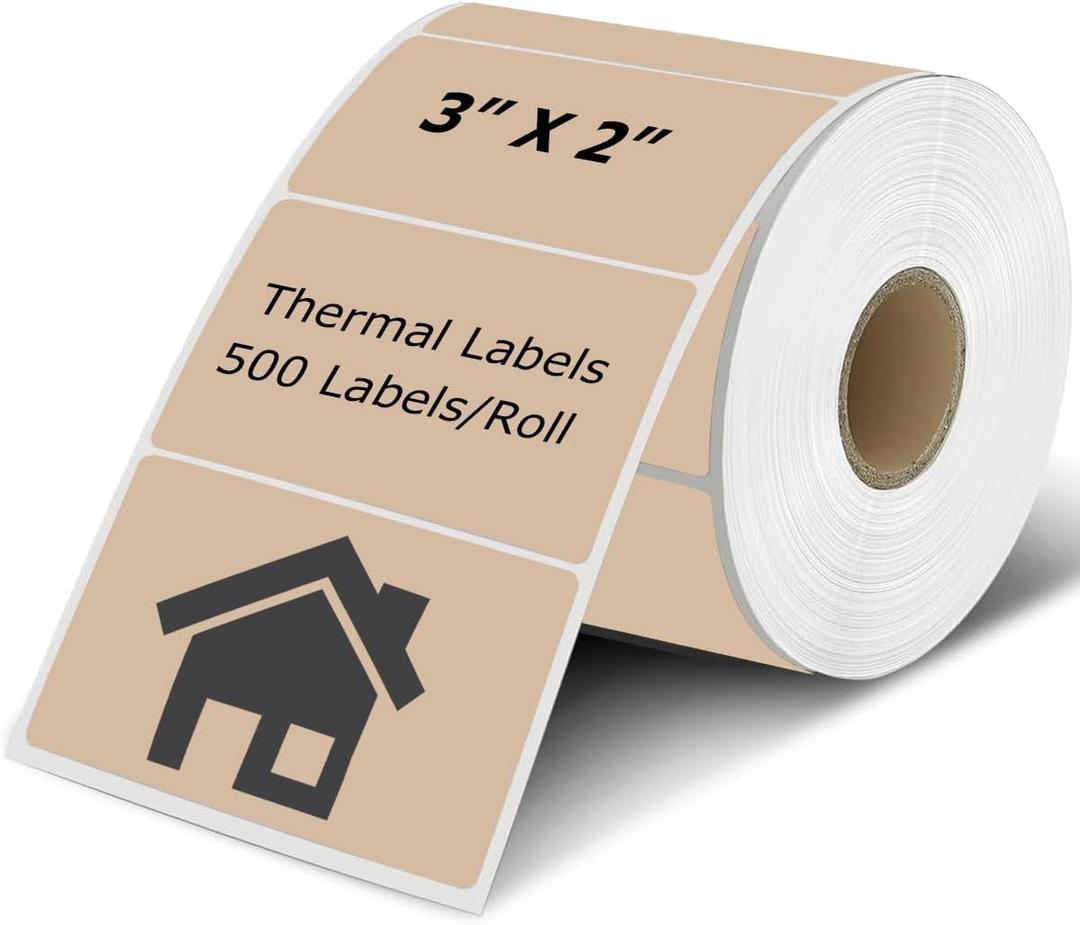 3" x 2" Thermal Labels Stickers Brown, Thermal Printer Shipping Stickers, Multipurpose Inventory Self-Adhesive Direct Thermal Label for Small Business (500 Labels/Roll)