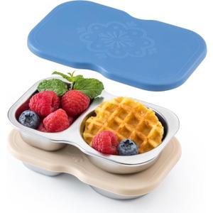 VITEVER 2 Pack Stainless Steel 2-Compartment Small Snack Containers with Lids, Reusable Snack Pack Containers, Lunch Box Accessories,Double Compartment Salad Dressing Containers to Go, 5.3oz