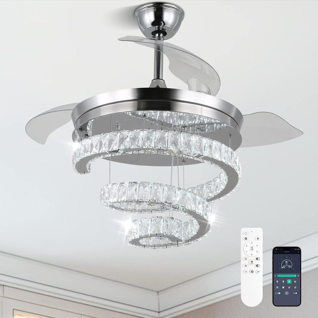 FRIXCHUR 42" Crystal Chandelier Ceiling Fans with Lights and Remote Dimmable Fandelier Retractable Crystal Ceiling Fans 3 Rings Invisible Blades Crystal Ceiling Fans for Bedroom Living Room 30W*2