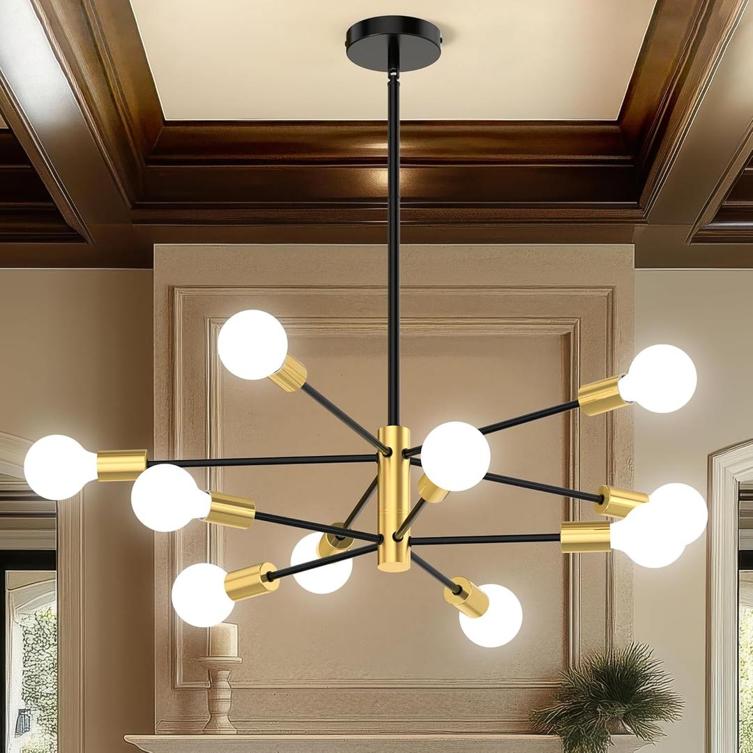 Sputnik Chandelier 10-Light, Mid Century Modern Height Adjustable Ceiling Light Fixture for Dining Room, Kitchen Island, Living Room,Bedroom-Black and Gold