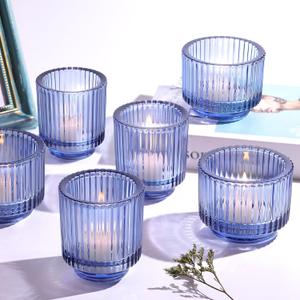 6pcs Assorted Blue Votive Candle Holder for Wedding Centerpieces, Vintage Ribbed Tealight Candle Holder for Room Decor, Large Glass Candle Holder for Christmas Decor Party Table Centerpiece